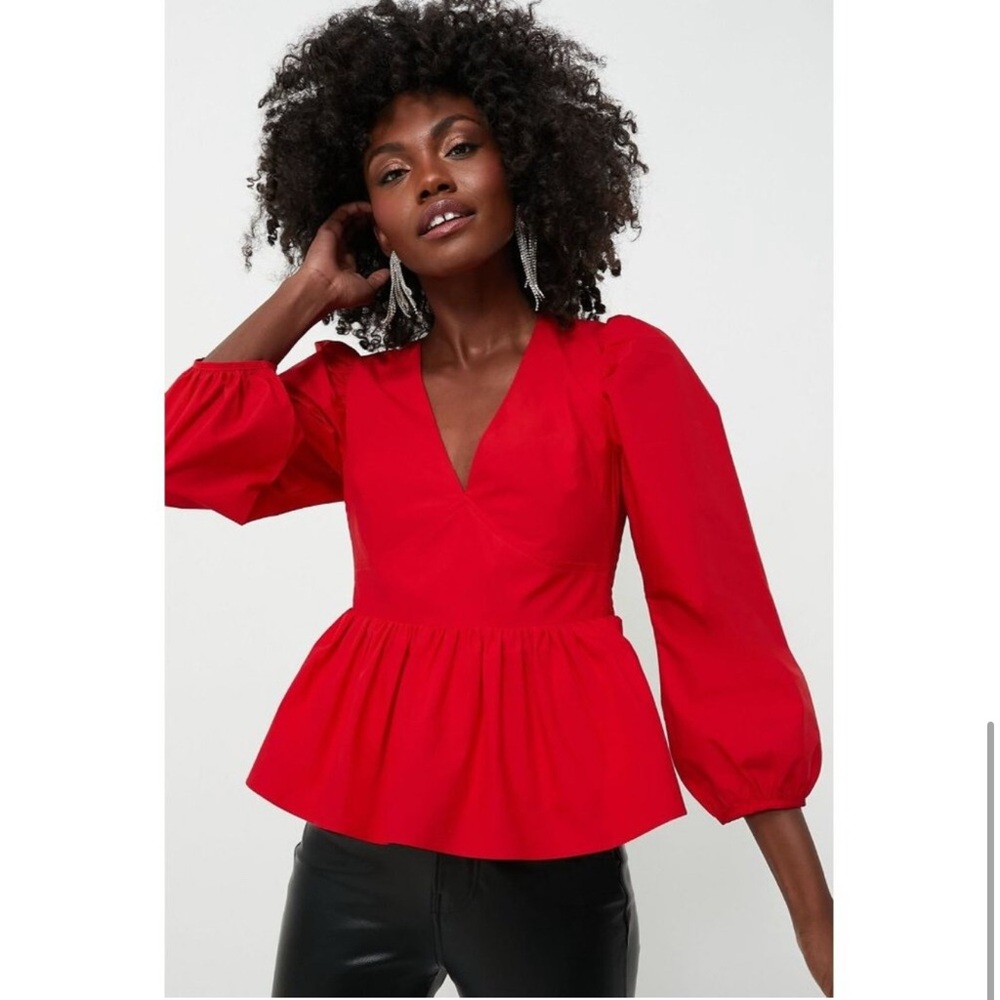 Tuckernuck Red Peplum Puff Sleeve Blouse